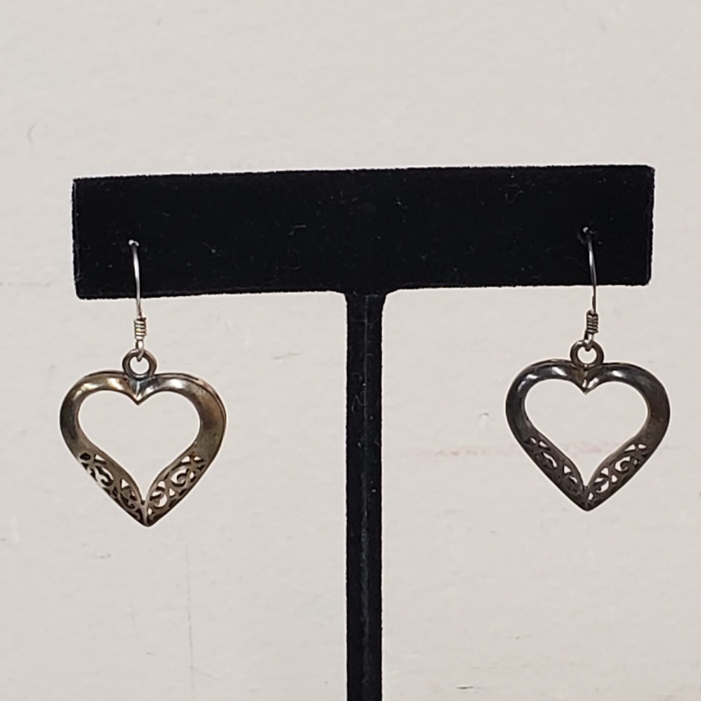 Sterling Silver 925 Filigree Openwork Dangle Heart Earrings Vintage